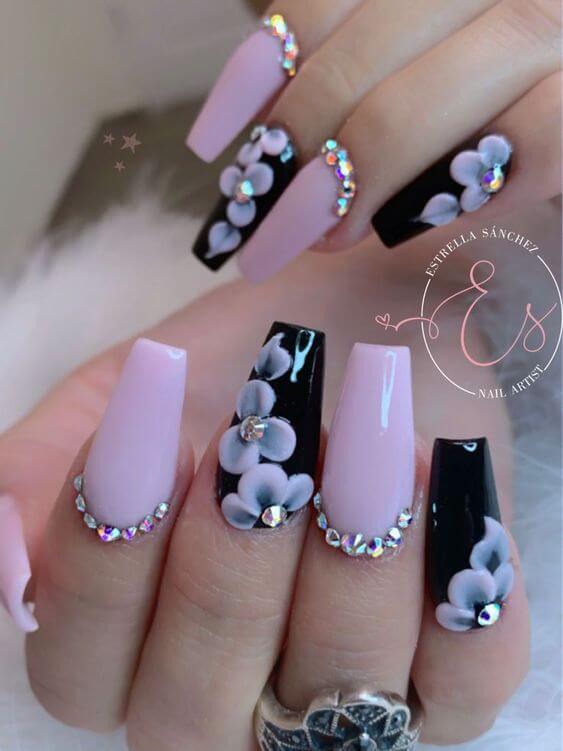 flowers with beads acrylic coffin fancy nails art design