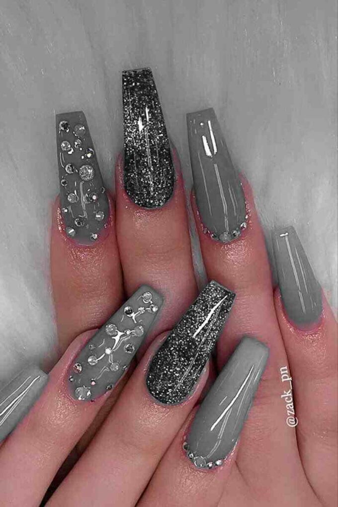 glitter and rhinestones on acrylic coffin fancy nails art designs
