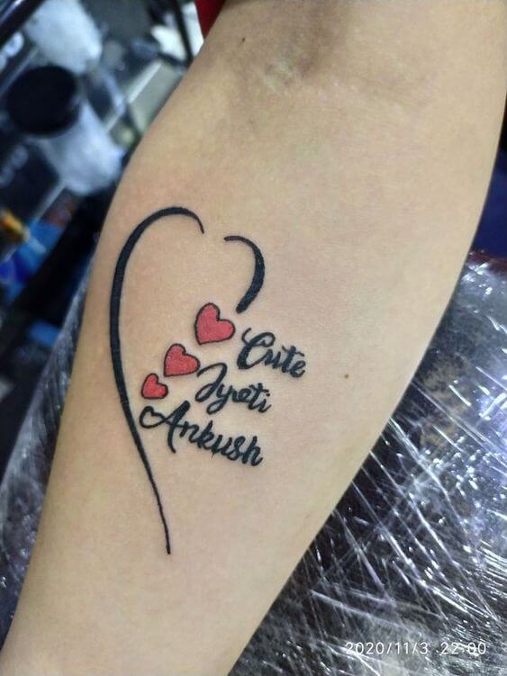 hearts with grandchildren names tattoo design