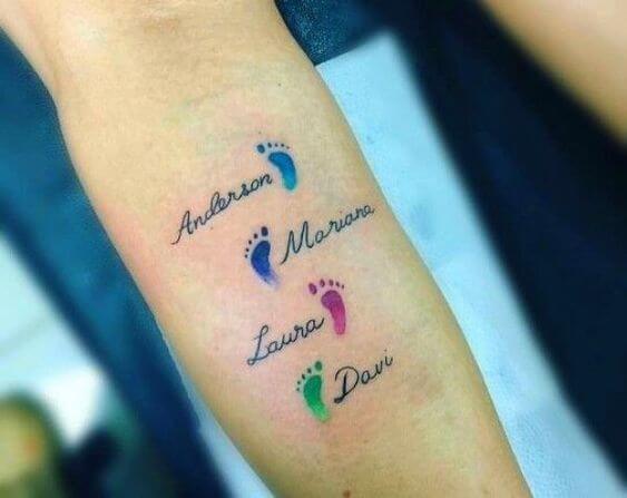 colorful footprints with grandchildren name tattoo designs