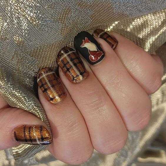 elegant plaid and matte with fox nail art design