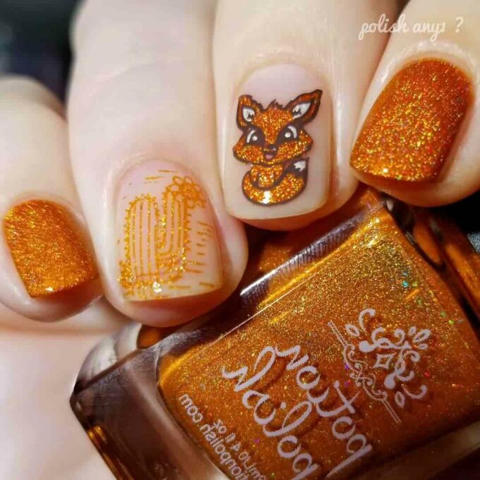shimmer glitter orange polish fox nail art design