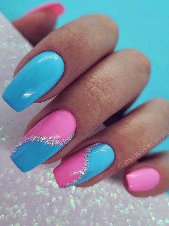 pink and blue with silver glitter line fancy nail art design