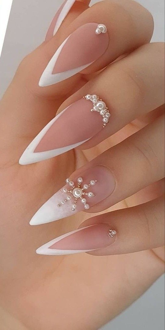 beads with white french tip stiletto fancy nail art design