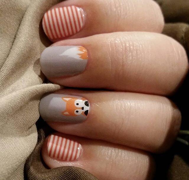 stripes with fox nail art design