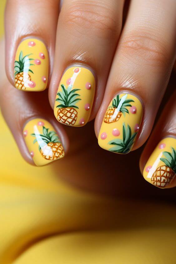 yellow with tropical pineapple summer beach vacation nails