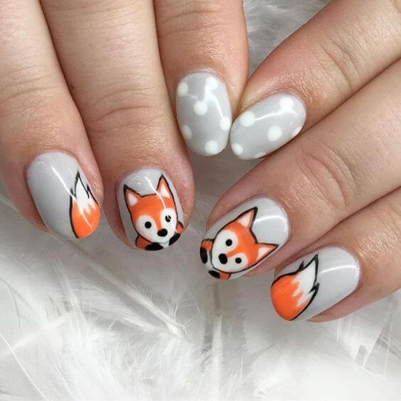 grey with white dot and fox nails art designs