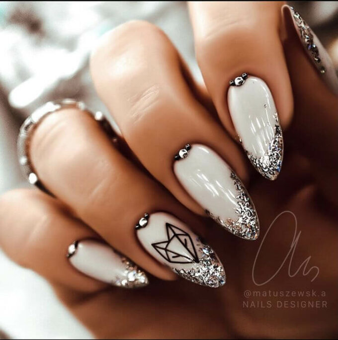 white with silver shimmer-rhinestones and fox nail art design