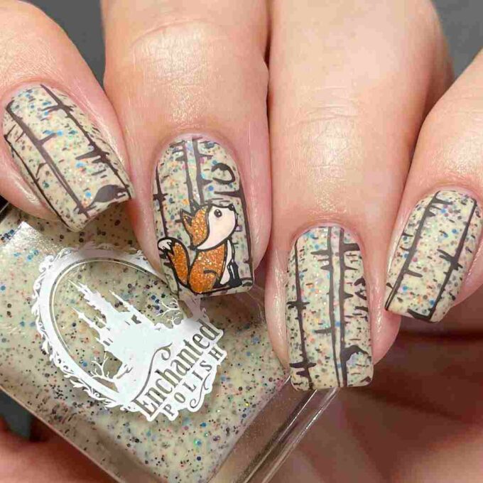 beautiful wood structure polish with cute fox nail art design