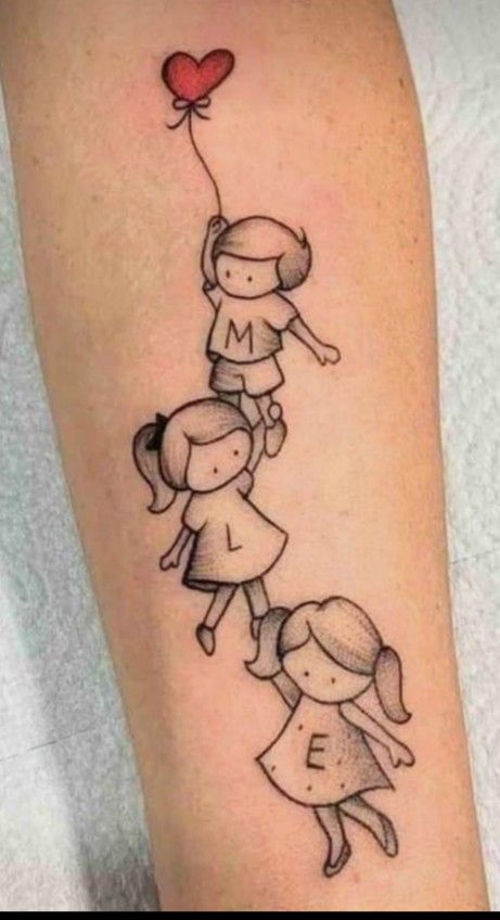 red heart balloon with grandchildren drawing picture and name initial tattoo design