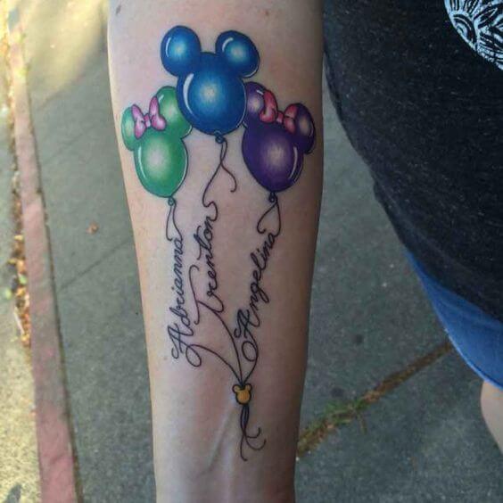 mickey and minnie mouse balloon with grandchildren names tattoo designs