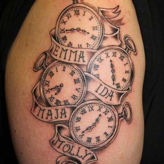 analog birth clock with time and grandchildren names banner tattoo design