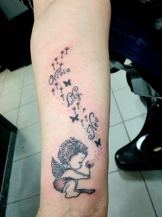 angel baby and dandelion with flying grandchildren names tattoo design