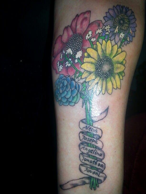 birth month flowers bouquet with grandchildren names banner tattoo design
