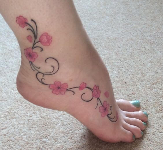 cherry blossom flower vine girly foot tattoo design