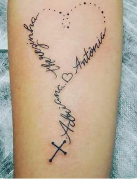 rosary cross with grandchildren names tattoo design