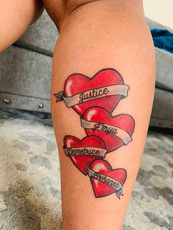 hearts with grandchildren names banner tattoo designs