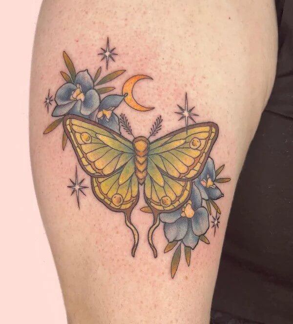 moon-stars with moth on july birth flower tattoo design idea