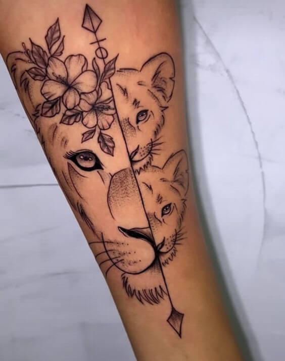 flowers and arrow with lioness with cubs forearm tattoo design for women
