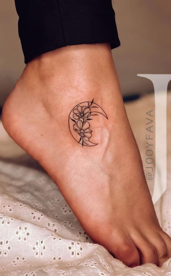 moon with flowers girly foot tattoo design
