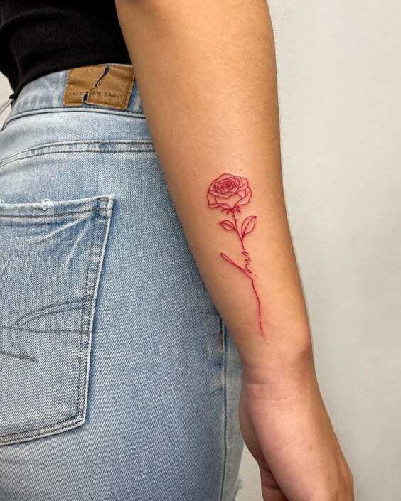 outline rose flower side forearm tattoo design for women
