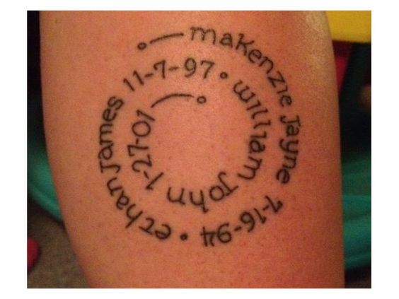 spiral with grandchildren names and date of birth tattoo