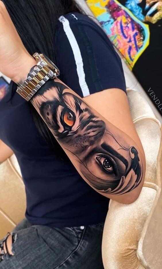 tiger and women eye side forearm tattoo design