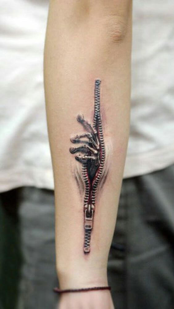 hand coming out of zipper side forearm tattoo design for women