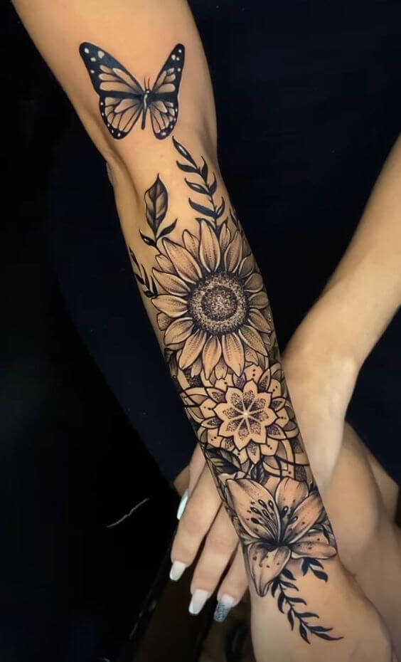 butterfly with flowers girly half sleeve tattoo design