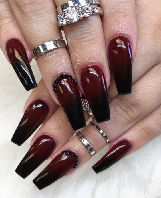 rhinestones with maroon and black ombre fall season nails