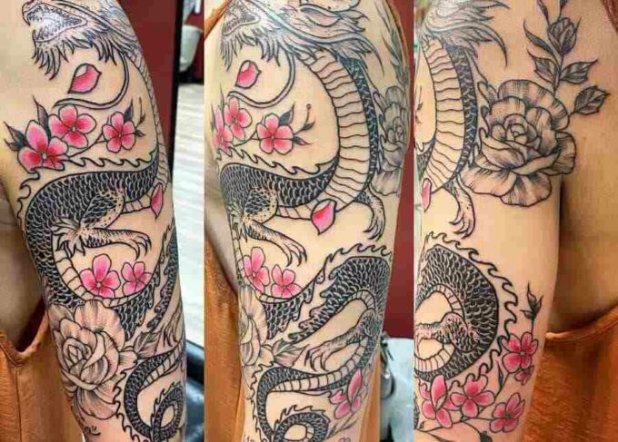 Japanese dragon with flowers girly half sleeve tattoo design