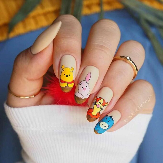 cute round coffin winnie the pooh character pictures nail art design idea