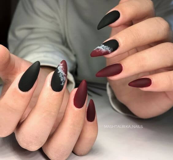 cloud effect maroon and black matte nails designs