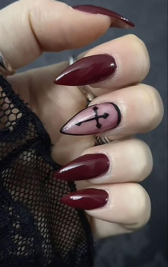 pointy gothic maroon with black cross nails designs