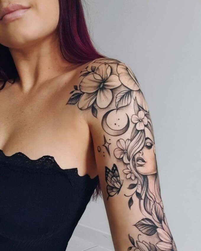 moon and stars with butterfly and female picture girly half sleeve tattoo design