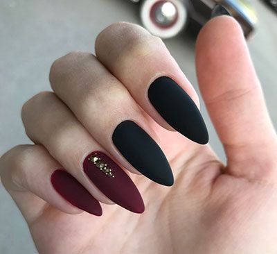 gold rhinestones with maroon and black nails designs