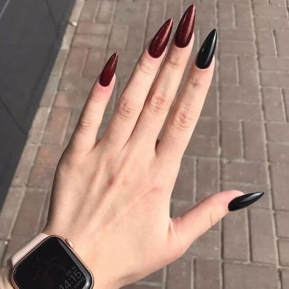 shiny maroon and black coffin nails