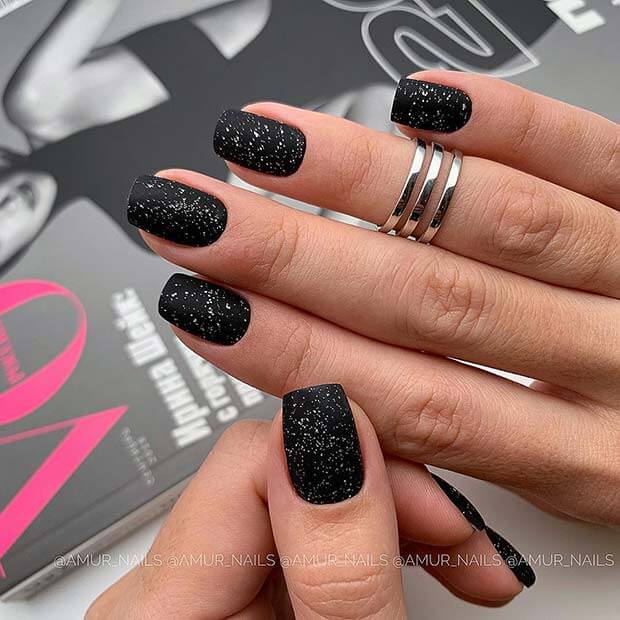 glitter black cute trendy short acrylic nails idea