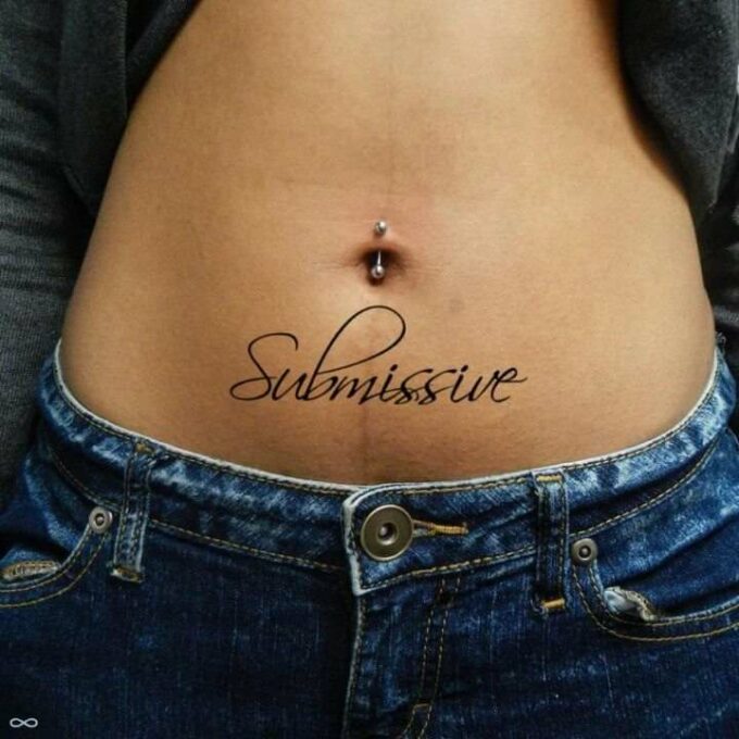 cute text submissive stomach v-line tattoo design idea for females