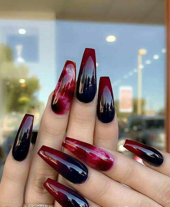 cute transparent coffin maroon and black shades nails