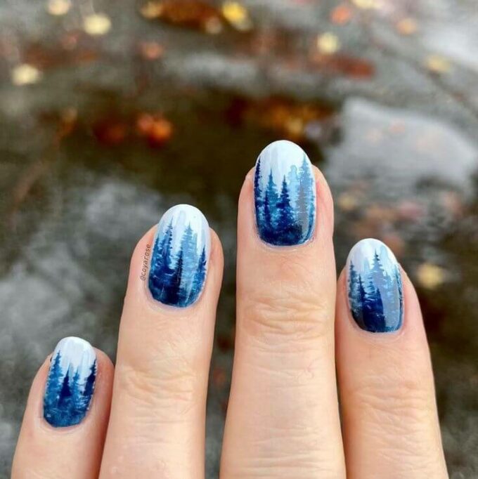 trees winter effect cute trendy short acrylic nails designs