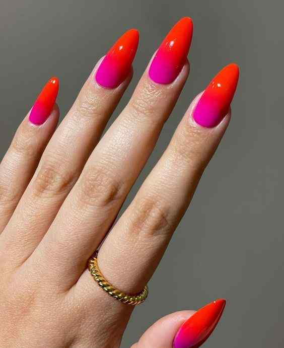 round tip bright magenta summer orange and pink nails