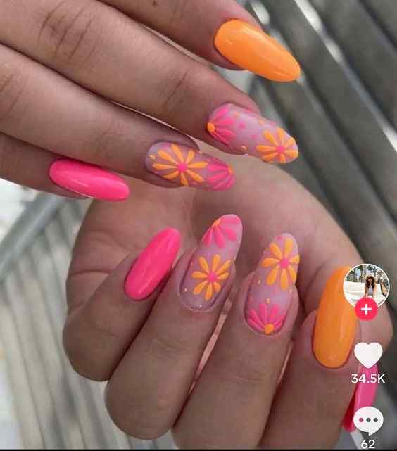 round tip with daisy flowers summer orange and pink nails