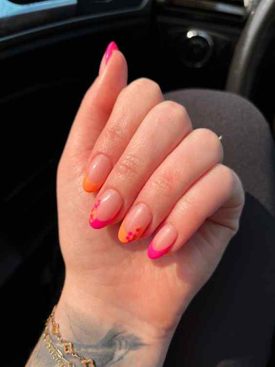 french tip with flowers summer orange and pink nails
