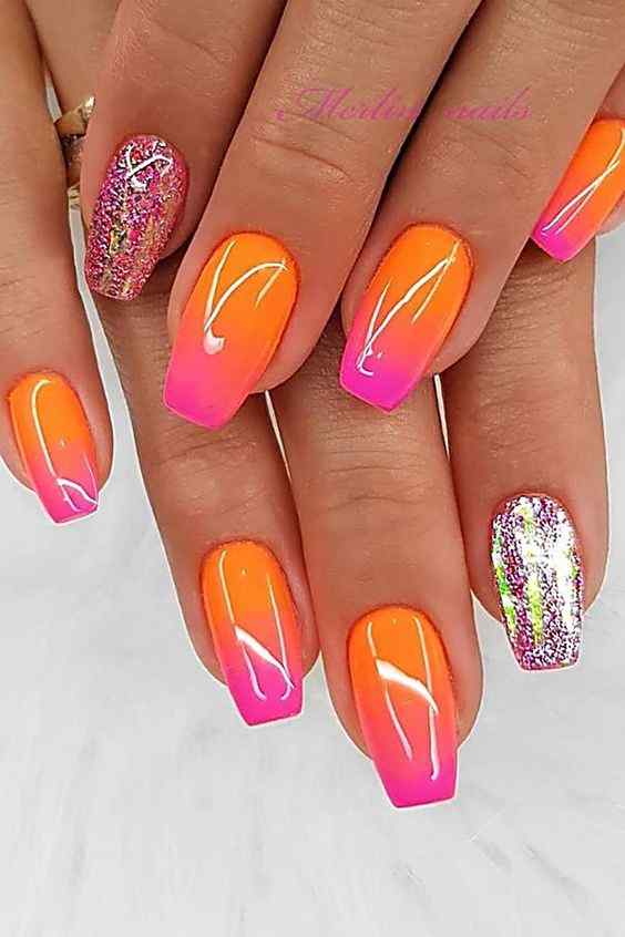 party glitter with summer orange and pink nails