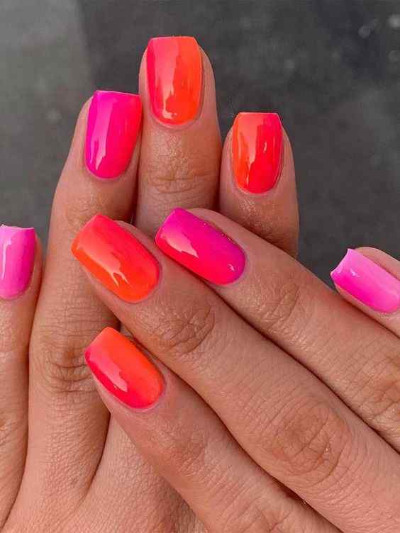 glossy summer orange and pink nails
