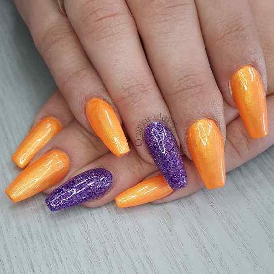glitter glossy orange and purple nails