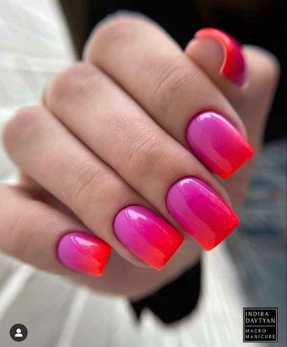 glossy square summer orange and pink nails