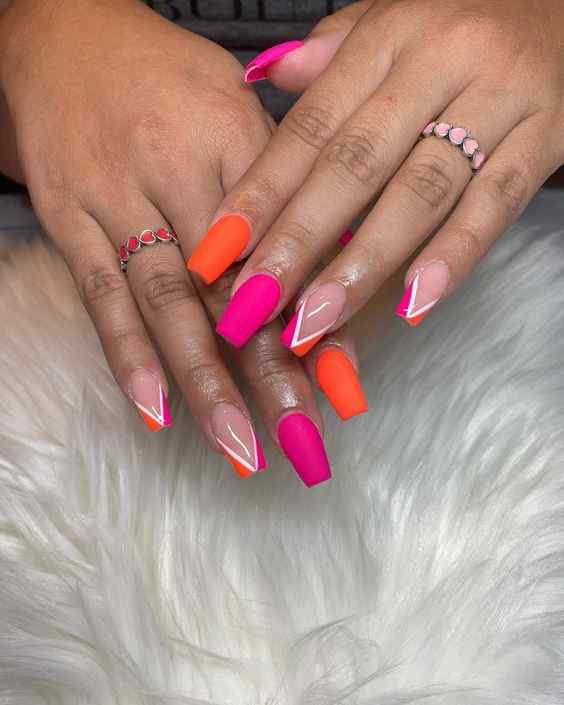 square matte summer orange and pink nails