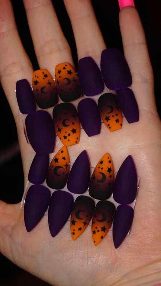 moon and stars designs orange and purple nails